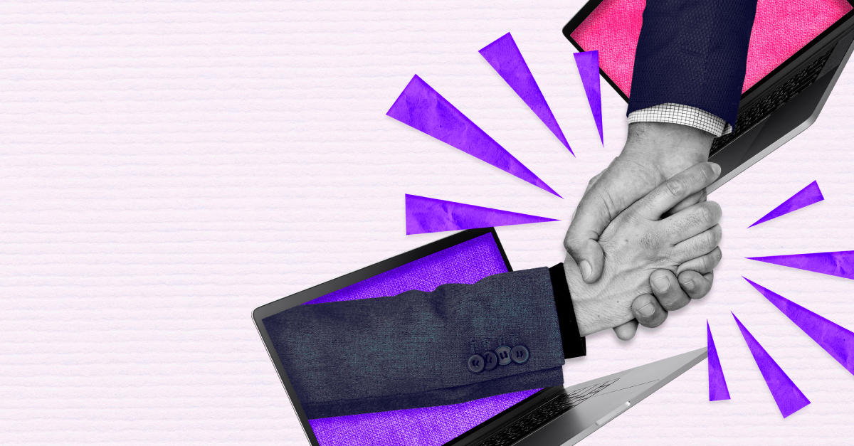 Two arms coming out of laptop screen shaking hands